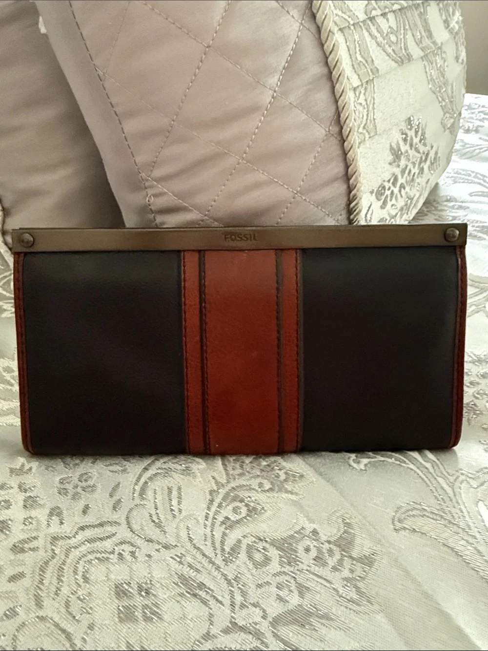 Two-Tone Leather Clutch Wallet in Black and Brown